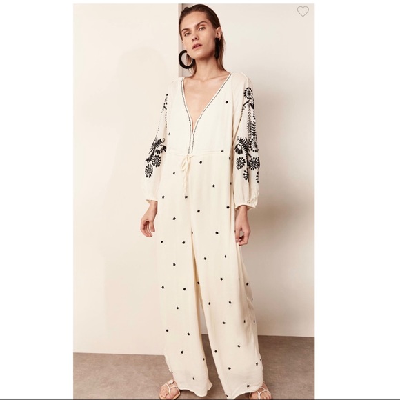 FREE PEOPLE EMBROIDERED V-NECK WIDE LEG JUMPSUIT - Picture 12 of 14